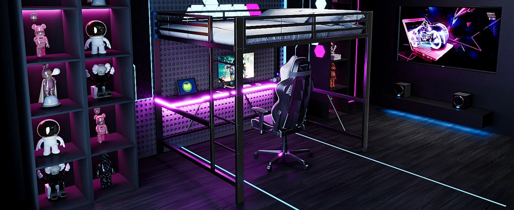 DESMIU Lit mezzanine 160 × 200 cm 2 posti con scrivania, LED e senza materasso, in metallo e MDF, nero