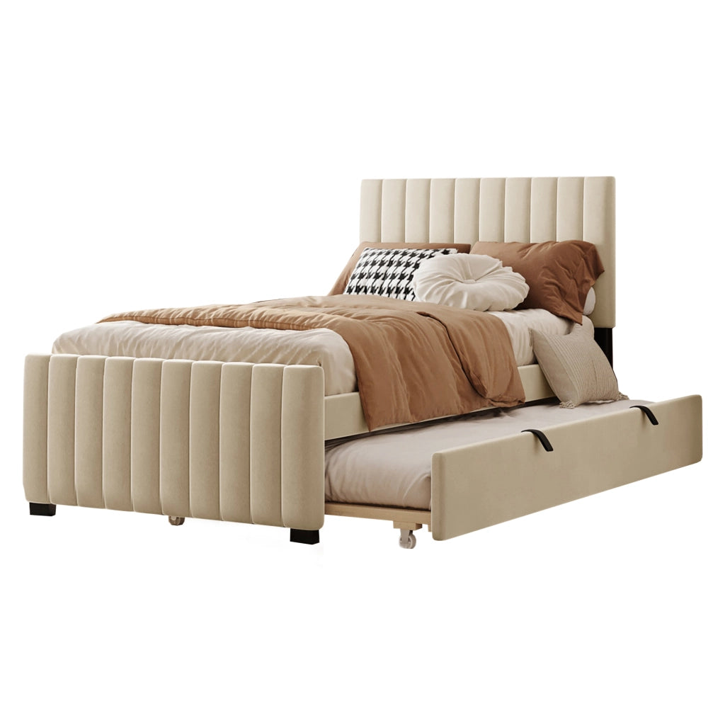 OKWISH Letto Estraibile 90×190 cm, Letto Singolo con Testiera Imbottita, Senza Materasso, in Velluto, Beige