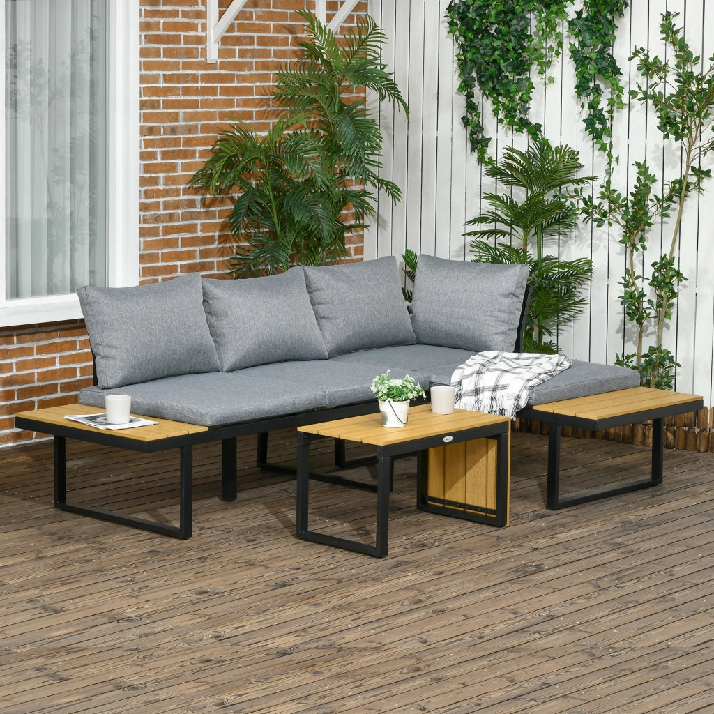 Set da giardino per 3 persone con cuscini ¨C zephmum ¨C telaio in alluminio, effetto legno, grigio scuro e naturale