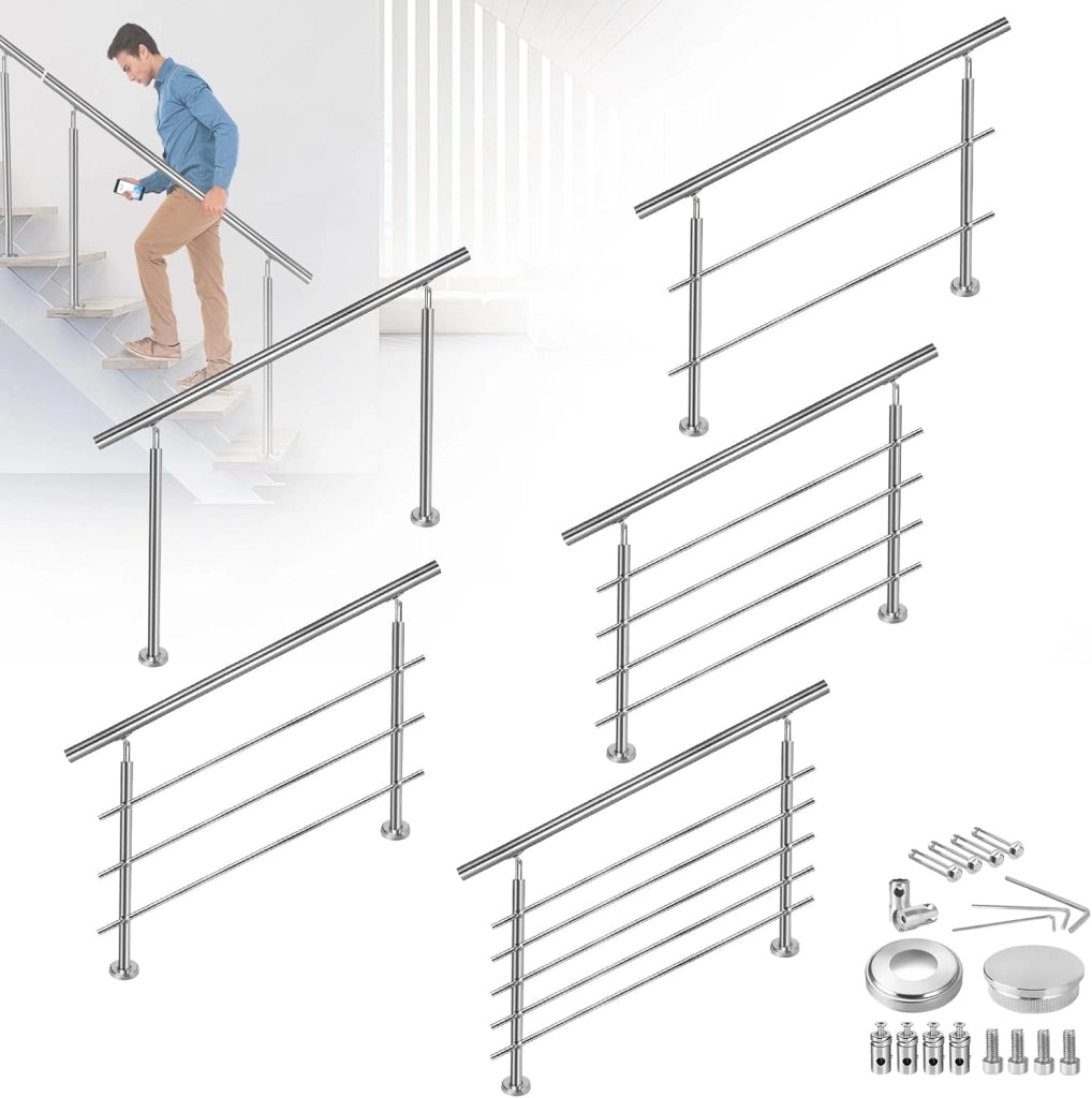 Corrimano per scale in acciaio inox, per esterni, 160 cm, parapetto con 2 montanti, per interni ed esterni, 5 barre trasversali