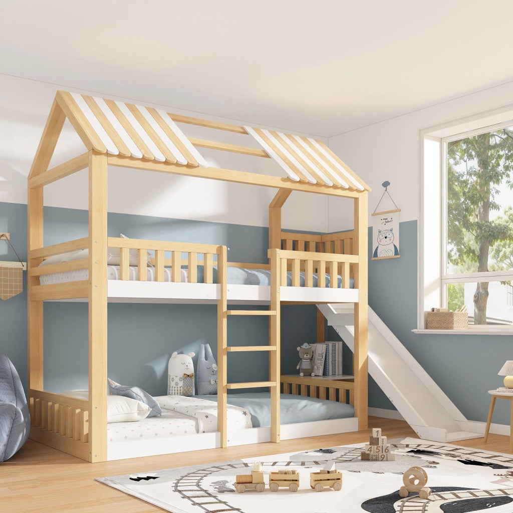 Letto a castello 90 × 200 cm con tetto a capanna, ripiano laterale e barriera, senza materasso, per bambini