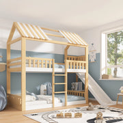 Letto a castello 90 × 200 cm con tetto a capanna, ripiano laterale e barriera, senza materasso, per bambini