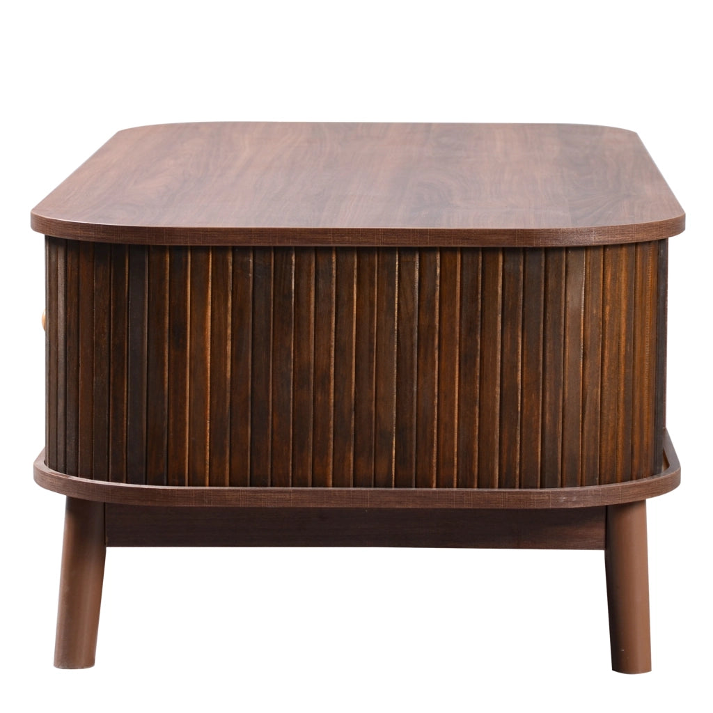 Tavolino da Caffè con 2 Cassetti e 2 Ante Scorrevoli; Rattan; Stile Country; in MDF; Naturale; 110×55×38;5 cm