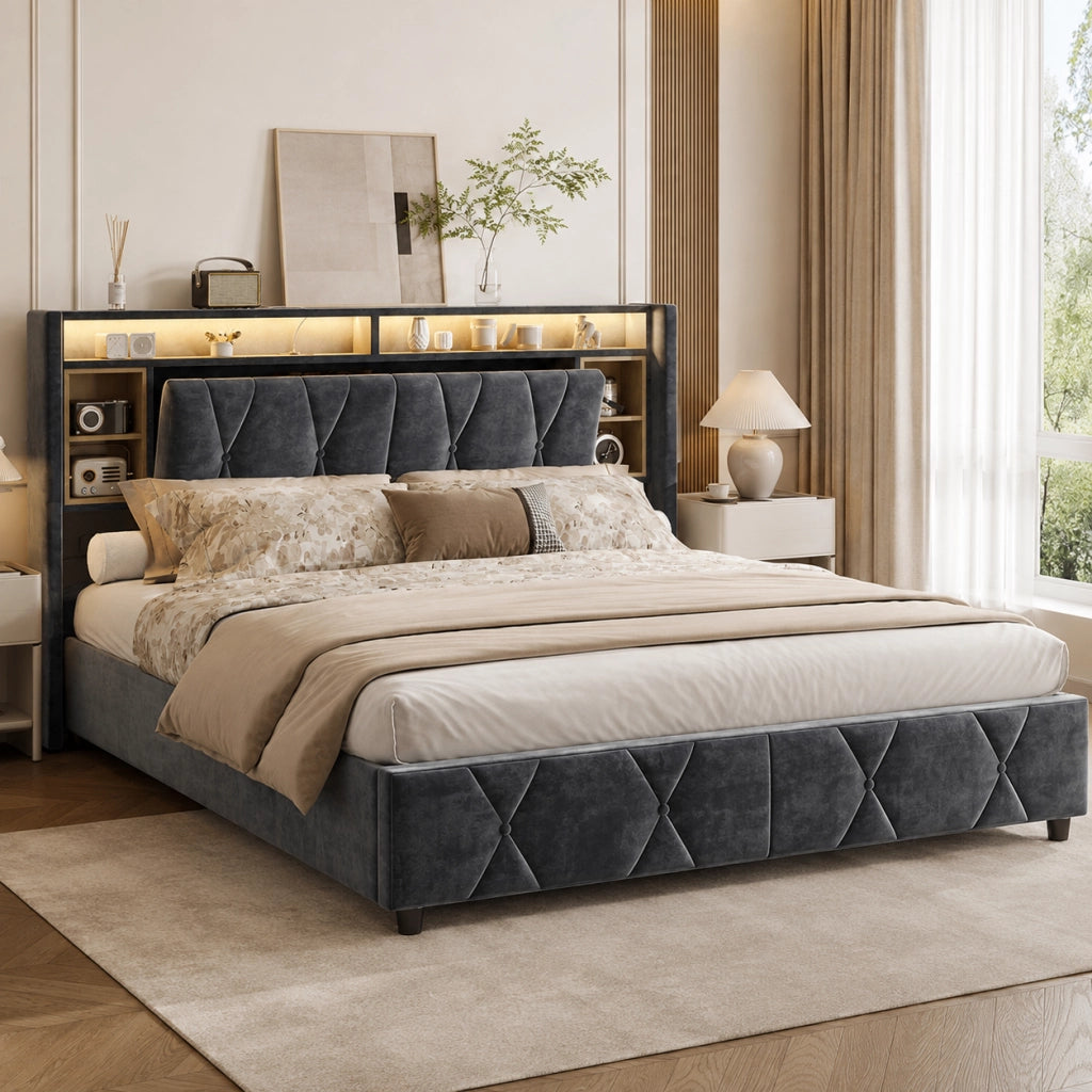 Letto imbottito grigio 140×200 cm, testiera contenitiva multilivello, USB‑C, LED con telecomando, base letto vano idraulico salvaspazio