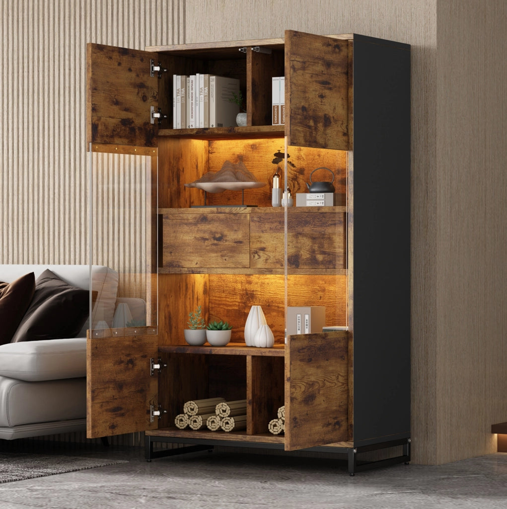 Vetrina 80 x 40 x 138 cm in MDF; con LED Bluetooth; 2 cassetti e ante in acrilico; nero effetto legno