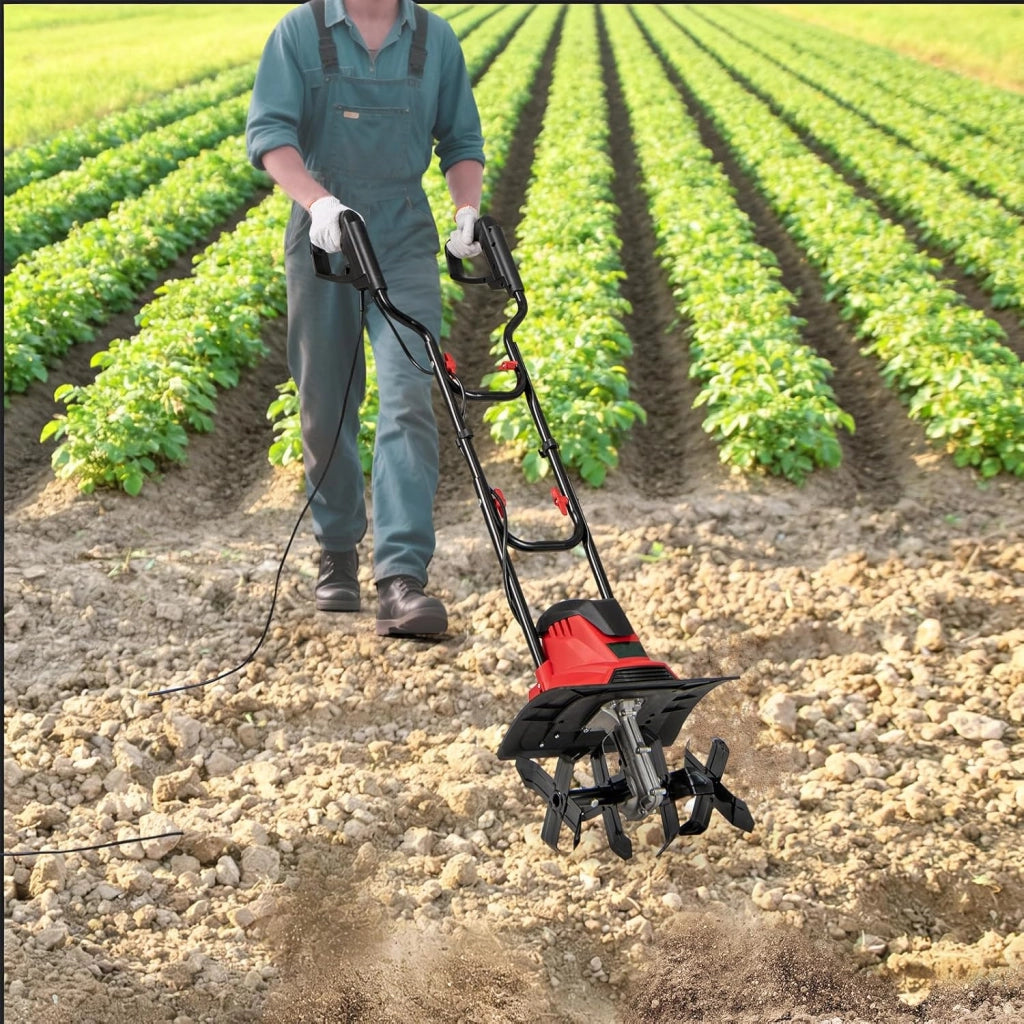 Motozappa Elettrica Pieghevole 1200W, Larghezza di Lavoro 36 cm Profondità di Lavoro 22 cm, 4 Lame, Zappatrice Elettrica per Orto e Giardino (Rosso, 36 x 24 x 138 cm)