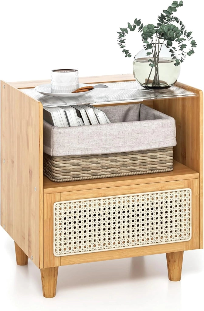 Comodino in Bambù e Rattan 43 x 35 x 50 cm, Tavolino Moderno con Piano in Vetro, Cassetto, Mobile Salvaspazio per Ufficio e Soggiorno (1, Naturale)