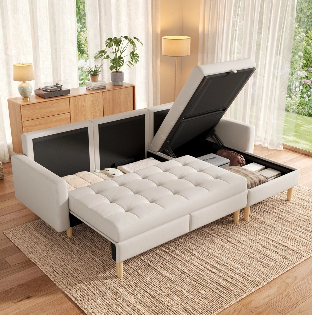 Divano angolare a L beige con chaise longue reversibile e vani contenitore 212x130x86 cm
