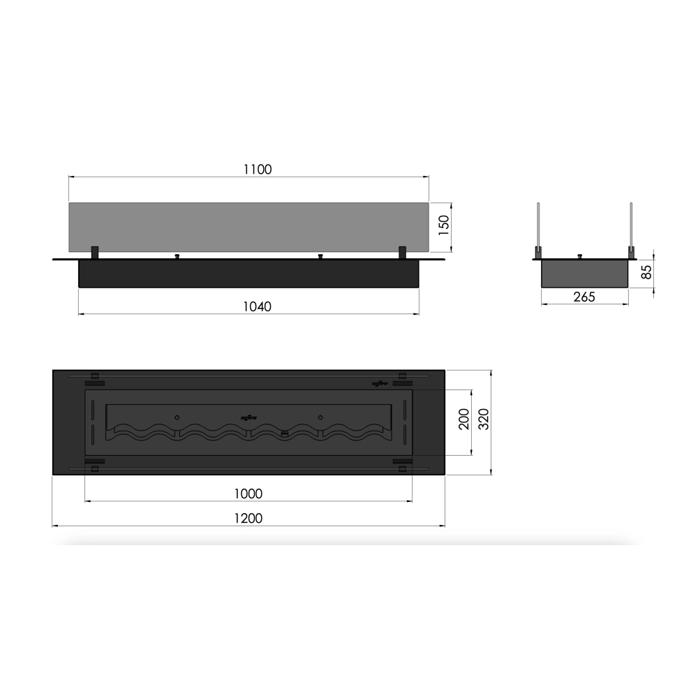 Bruciatore Inserto a Bioetanolo 120cm in Inox nero da incasso o appoggio da 4 lt con vetri inclusi