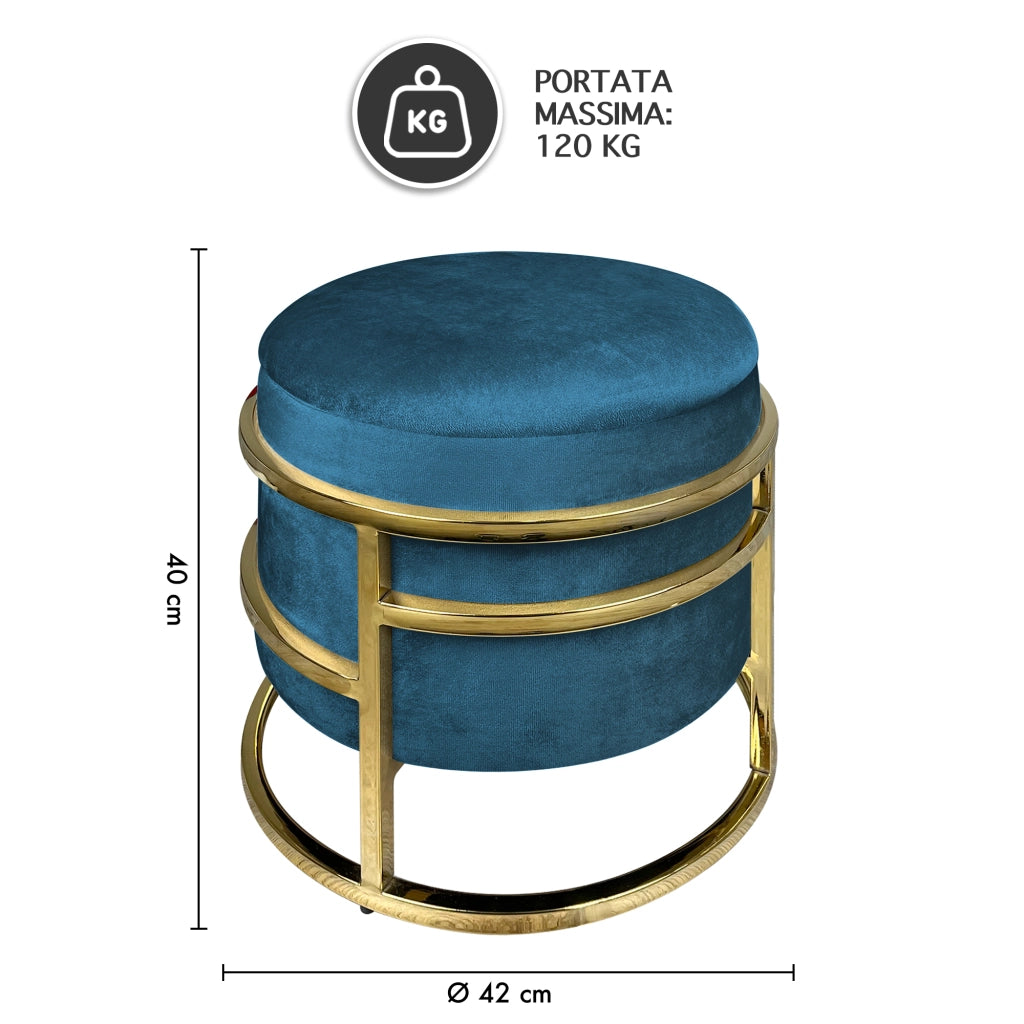 Pouf Contenitore Poggiapiedi Velluto Con Struttura Circolare Cromata Oro Elegante Imbottito Sgabello Per Toeletta Mobile Trucco Ottomano Ingresso Camera Da Letto Rotondo - Petrolio