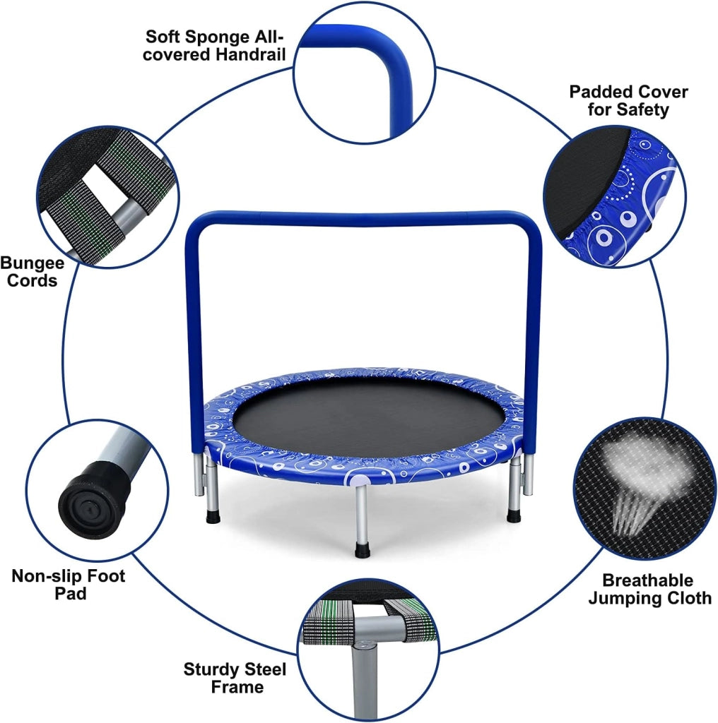Mini trampolino per bambini φ92 cm, pieghevole, trampolino da fitness con maniglia e copertura di sicurezza, trampolino da giardino fino a 150 kg, trampolino per interni ed esterni