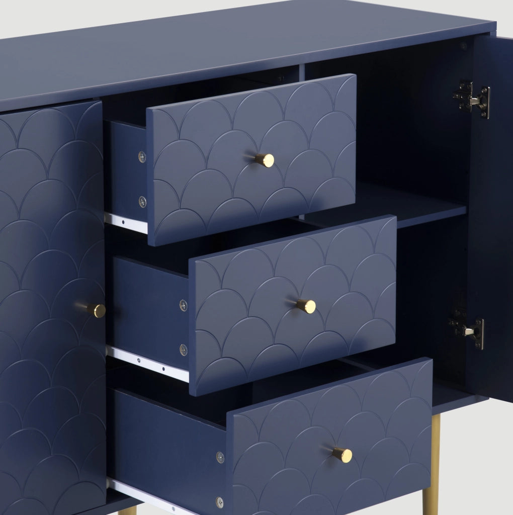 Credenza 120x40x83 cm con 2 ante; 3 cassetti e ripiano regolabile in legno e metallo blu navy