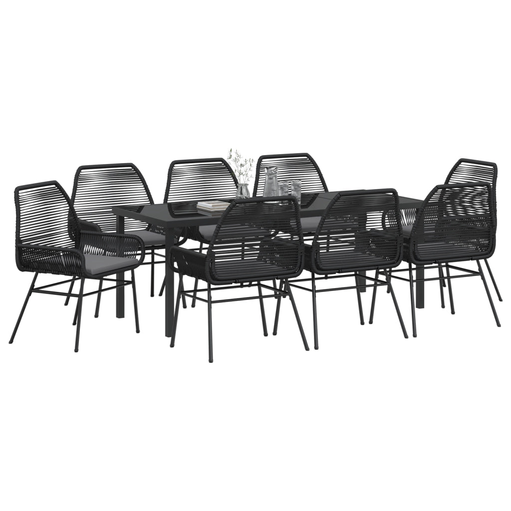 Set da pranzo da giardino 9 pezzi con cuscini in polyrattan nero