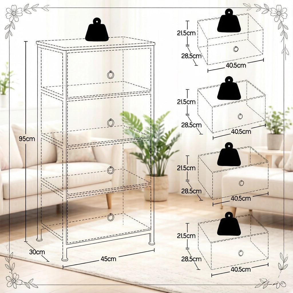 Cassettiera a 4 cassetti in metallo e legno, stile vintage, per ingresso e camera da letto, marrone, 45 × 30 × 94,5 cm
