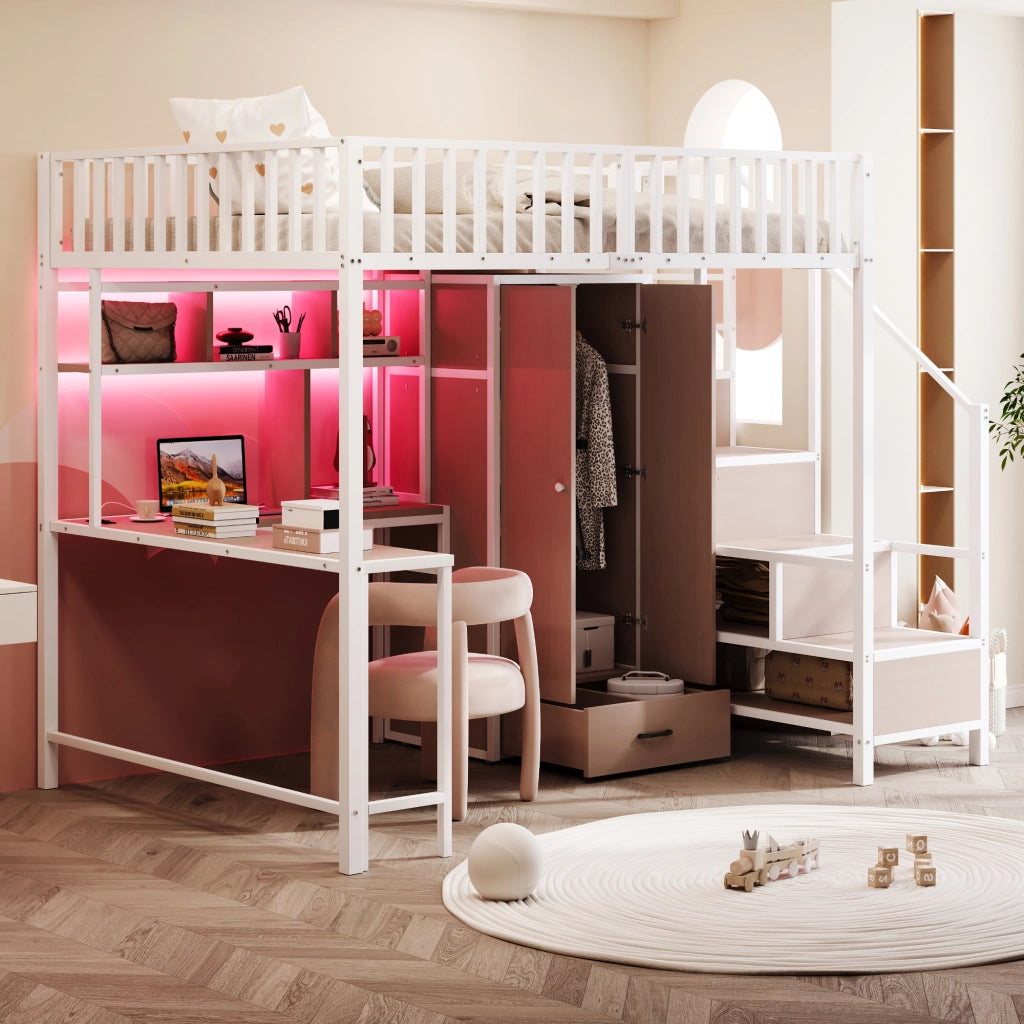 OKWISH Letto a Soppalco 140×200 cm, Letto Matrimoniale con Scrivania, Armadio, Mensole, Porte USB e Tipo C, LED Regolabile, senza Materasso, Bianco