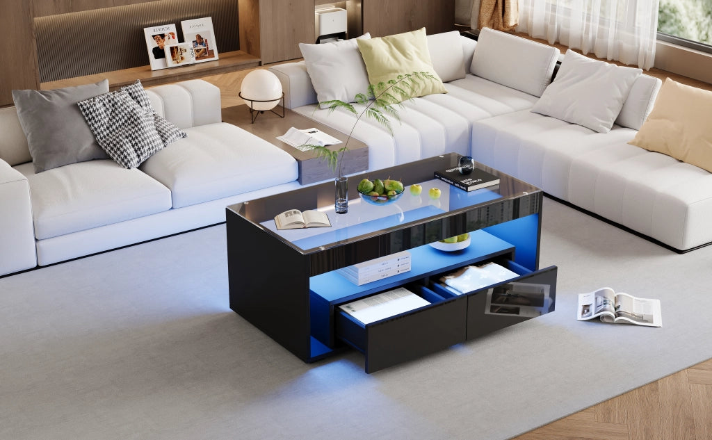 TAVOLINO DA CAFFÈ LED 100x50x40 cm Nero in truciolare e vetro temperato