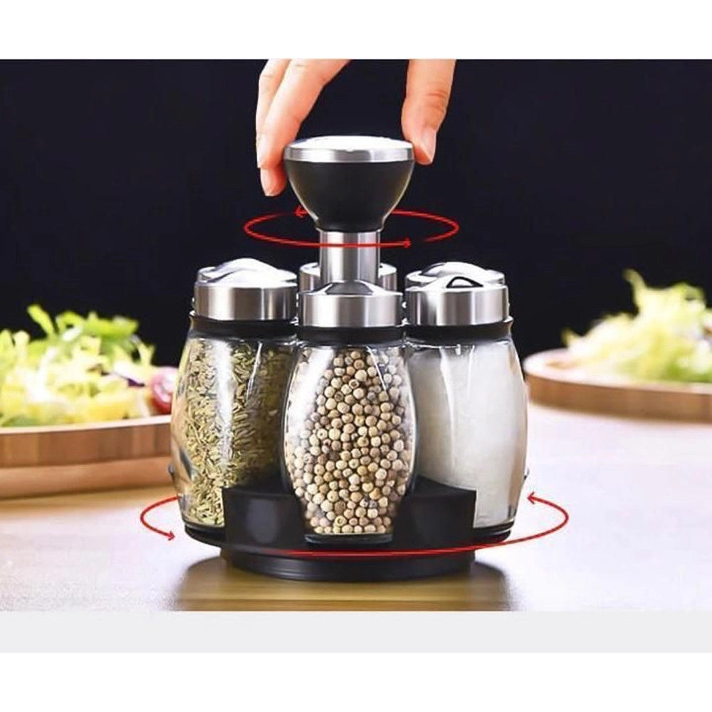 Trade Shop - Portaspezie Girevole Con 6 Barattoli In Vetro Tappi Spargispezie Organizer Cucina -