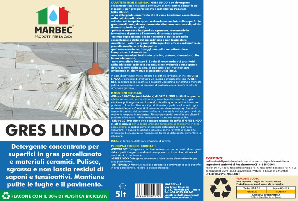 Detergente per gres porcellanato GRES LINDO   5LTx4Pz