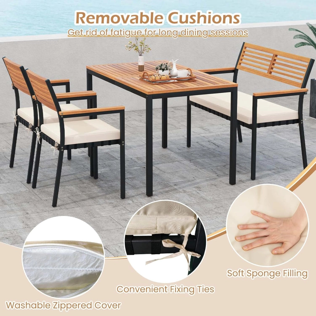 Tavolo da Giardino con 2 Sedie e Panca con Foro per Ombrellone e Cuscino Morbid, Set Pranzo da Giardino Ergonomico in Legno di Acacia, Design Impilabile, Set Salotto per Esterno da Balcone