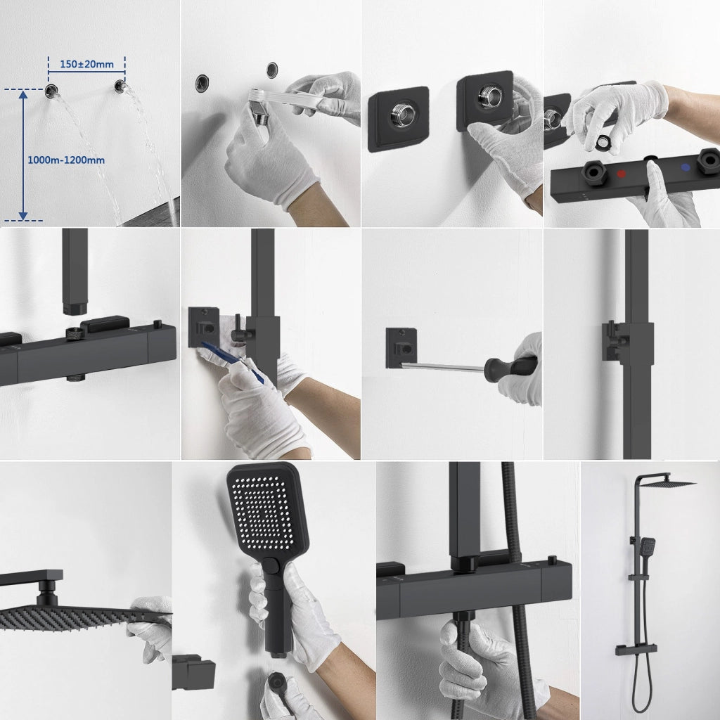 AICA ITALY Sistema Doccia con Miscelatore Termostatico a 38℃ e Soffione Quadrato 30x30cm Altezza Regolabile 73-115cm nero