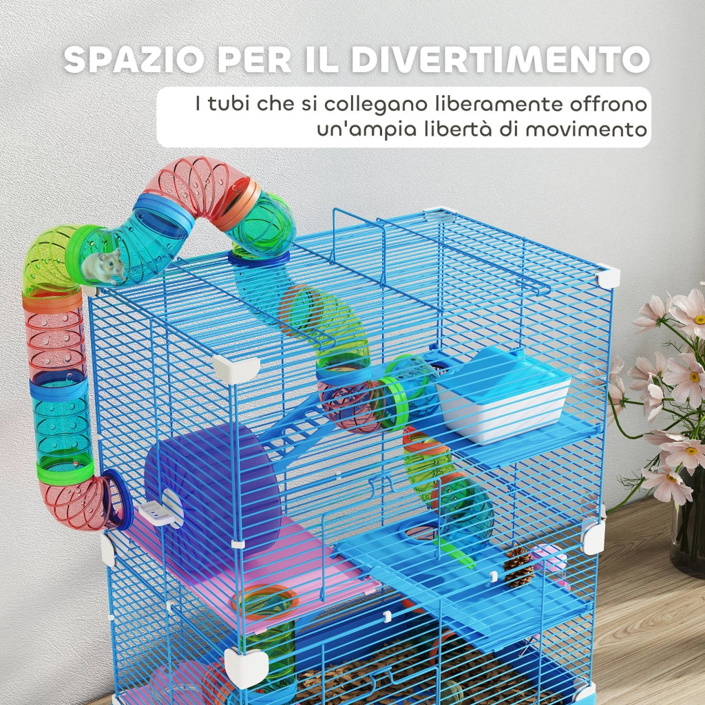 Gabbia per Criceti a 5 Livelli con Tubi. Ruota. Scale. Casetta e Bottiglia. 46x30x58 cm