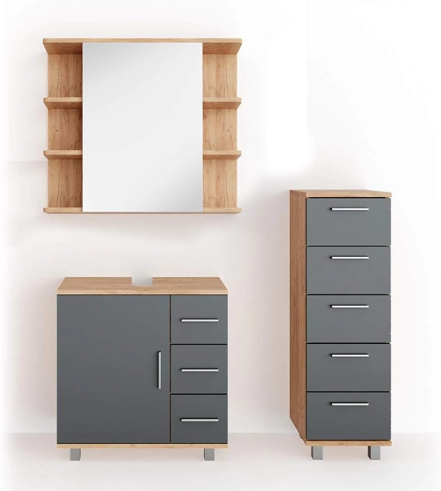 Set mobili bagno Ilias, Rovere, 60 cm, composto da mobile sottolavabo, specchiera e mobile medio