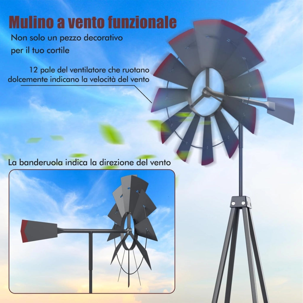 Mulino a Vento da Giardino Stile USA 245cm, Mulino a Vento con Cuscinetti a Sfera, Girandola, Sculture a Vento, Decorazione Esterno in Metallo per fattoria, giardino o parco (Grigio)