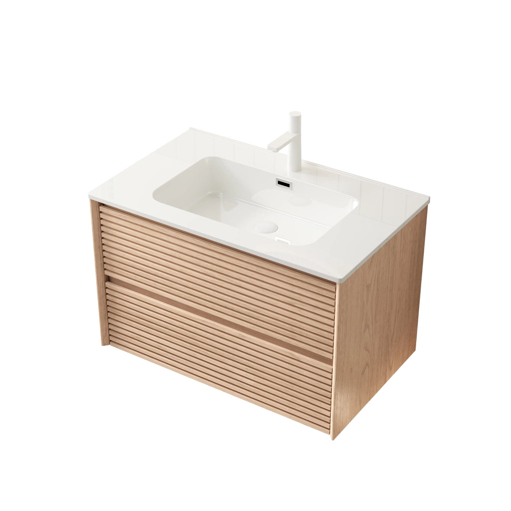 Mobile bagno con lavabo in ceramica e 2 cassetti per bagno; in compensato; bianco e noce; 81×46.5×51.5 cm