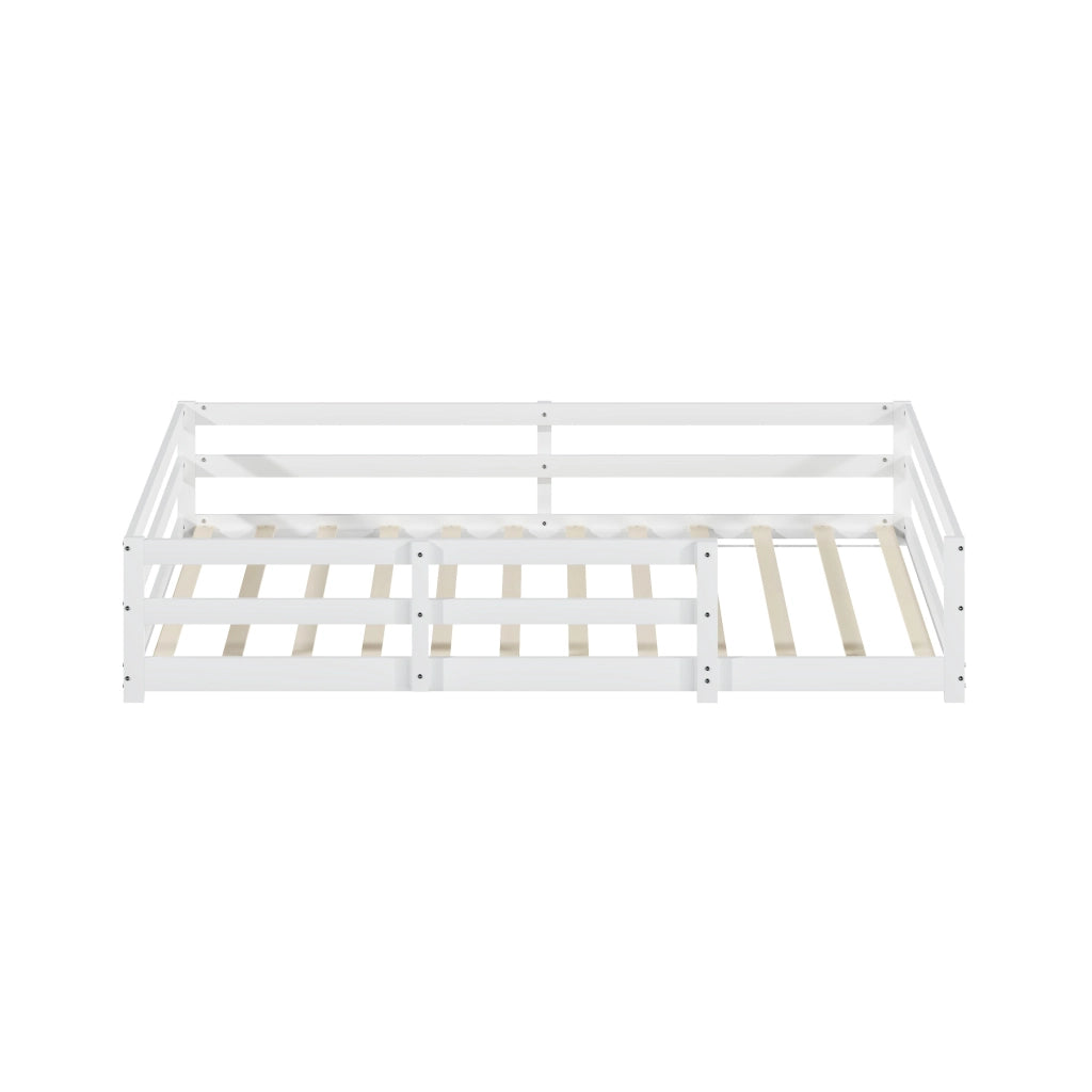 Letto Montessori a pavimento 140x200 cm con sponde su 4 lati, legno di pino massiccio, bianco