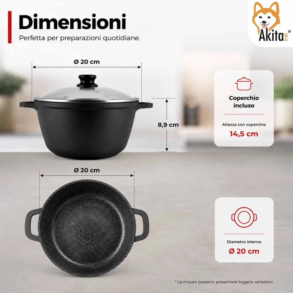 Akitaink Casseruola Alluminio Pressofuso Coperchio in Vetro 20 cm
