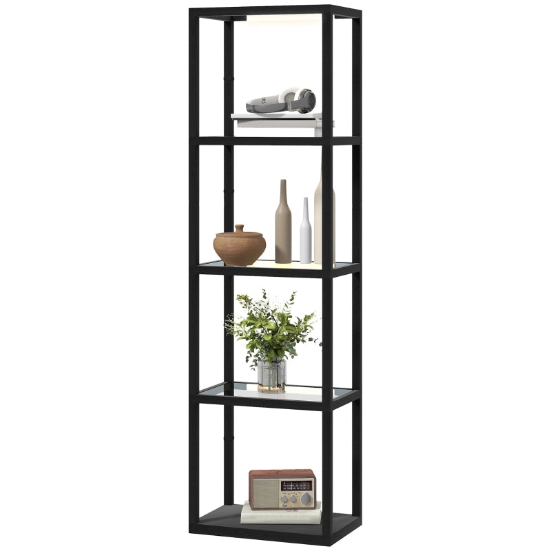 Lampada da terra a LED con ripiano a 4 livelli, ripiano illuminato con 4 scomparti in vetro, interruttore a pedale, MDF, nero