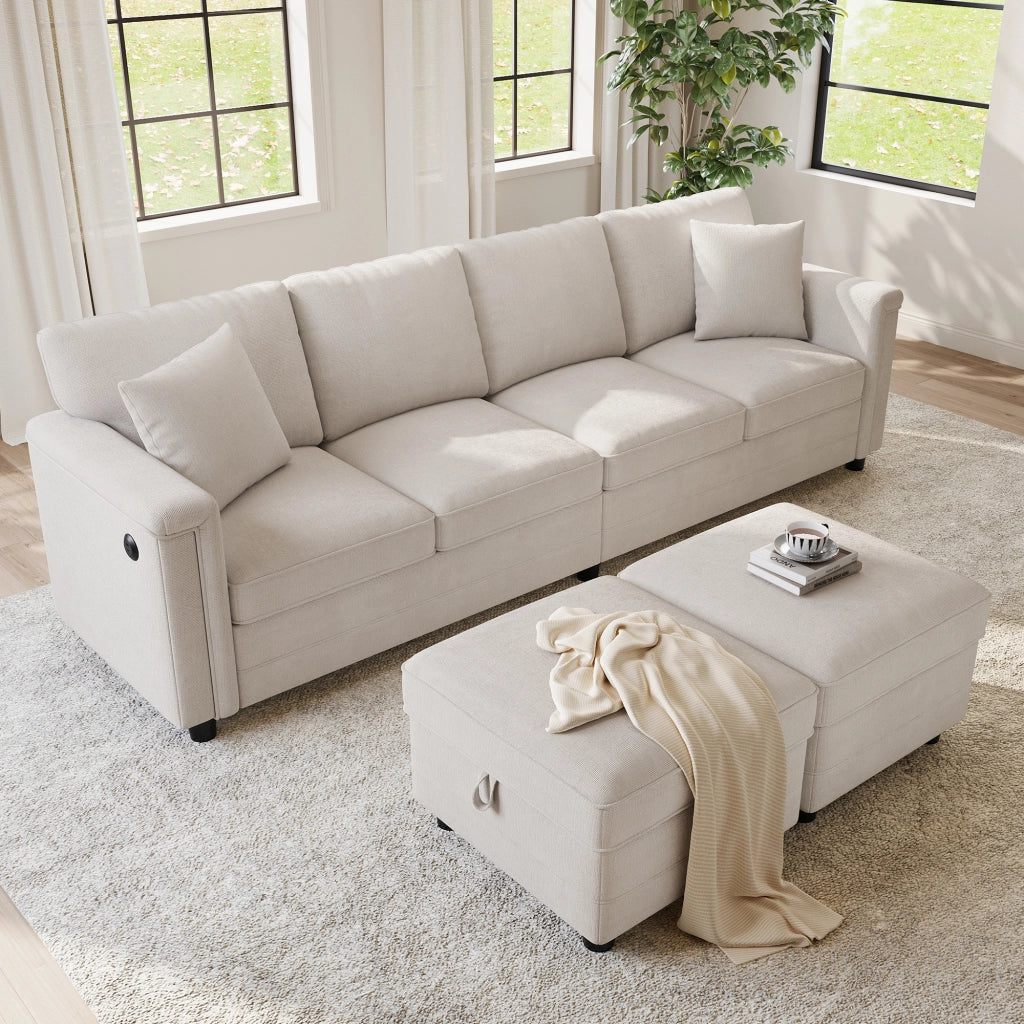 Divano modulare beige 261x134x82 cm con pouf contenitore; USB e Type-C