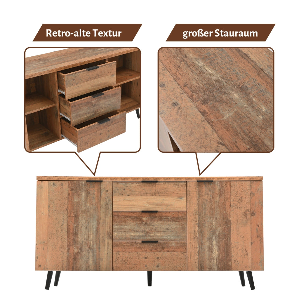 Mobile porta TV con 3 cassetti e ripiani regolabili, per soggiorno, in truciolato, marrone vintage, 140 × 35 × 70 cm