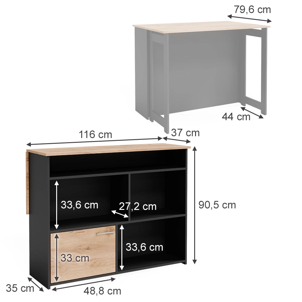 Vicco Tavolo bar alto Quercia dorata 116 x 37 cm 4x scomparti aperti e 1x porta
