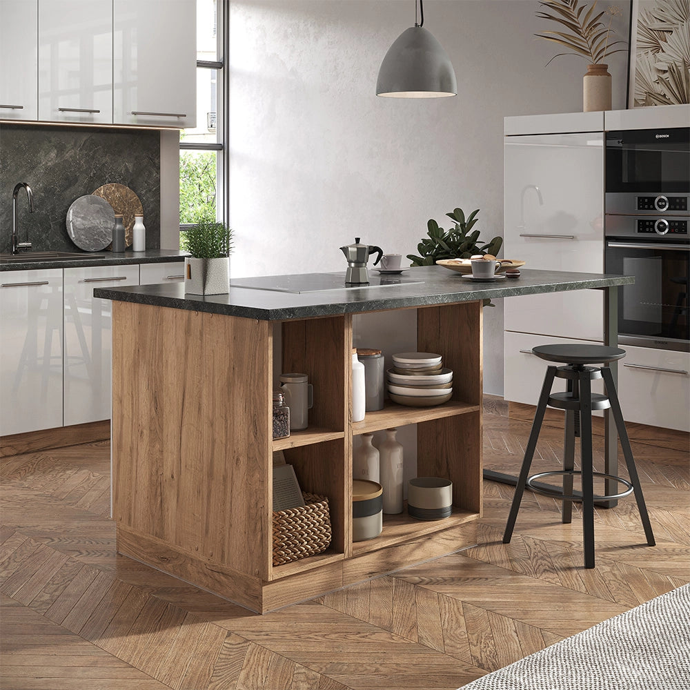 Isola cucina Fame-Line Bianco lucido/Rovere dorato 90 cm con cassetto, senza piano di lavoro Vicco
