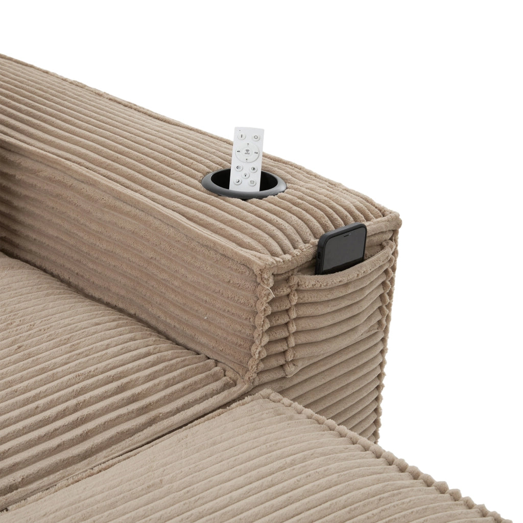 Divano modulare 4 posti con portabicchieri, tasche laterali e 2 pouf, in tessuto corduroy khaki