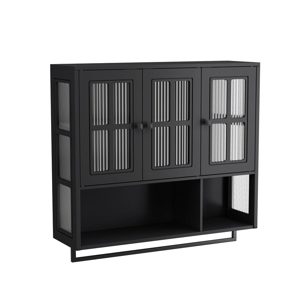Armadietto da Bagno a Parete ¨C MINIMAL ¨C Nero, 3 Ante, Legno, con Specchio e Porta Salviette