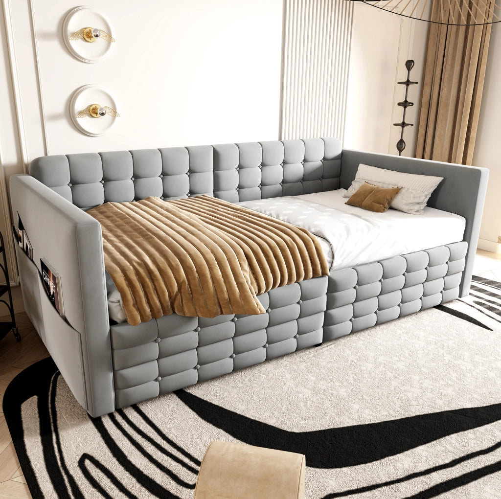 Letto imbottito 90x190 cm con contenitore e tasche in velluto grigio chiaro