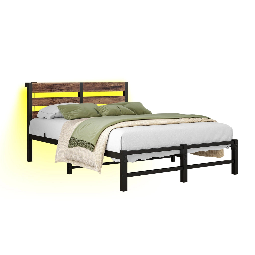 Letto matrimoniale 120x200 cm in metallo e legno con LED RGB, USB e spazio contenitivo