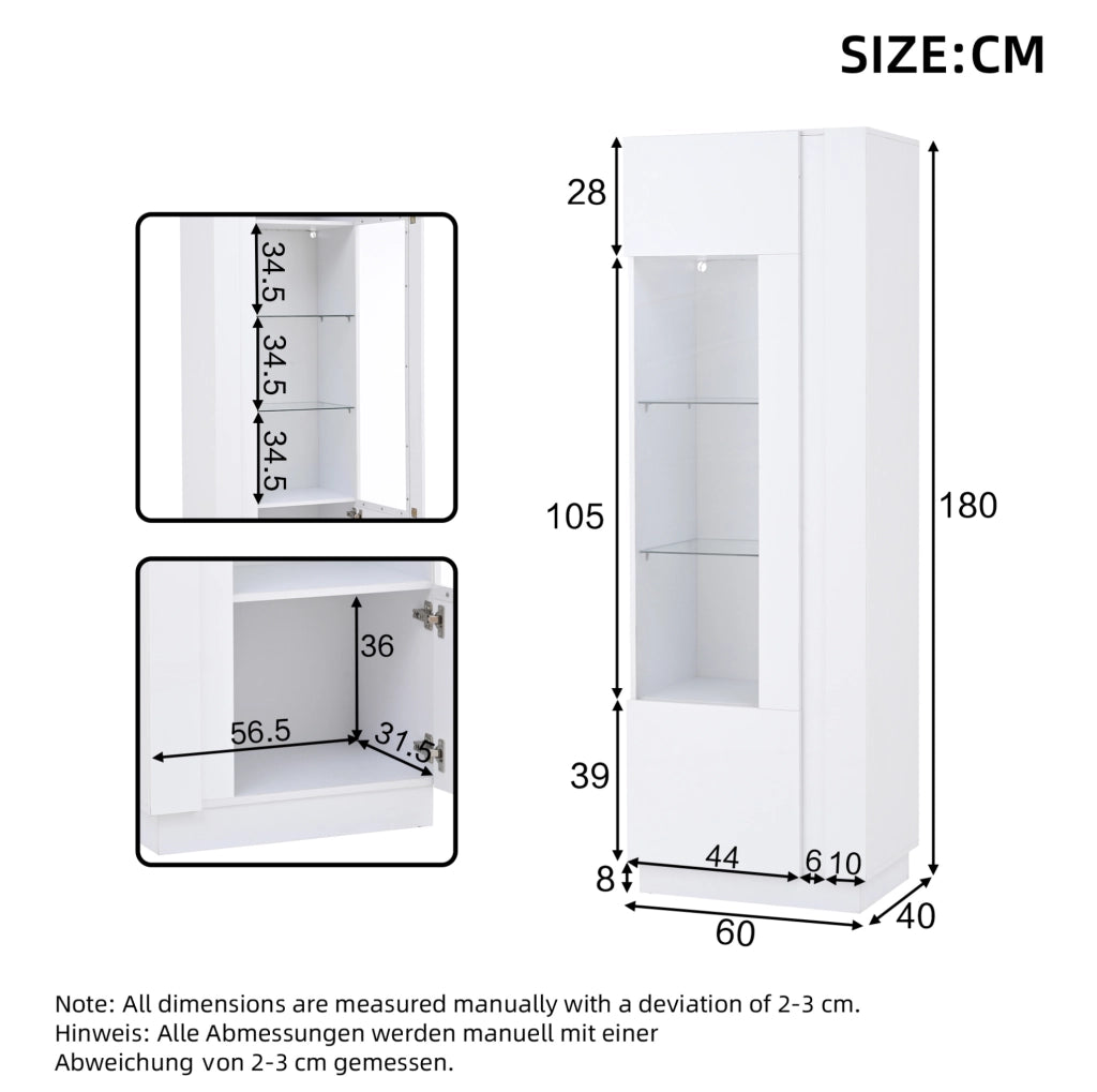 Vetrina alta LED 60x40x180 cm bianca con porta in acrilico e 5 ripiani
