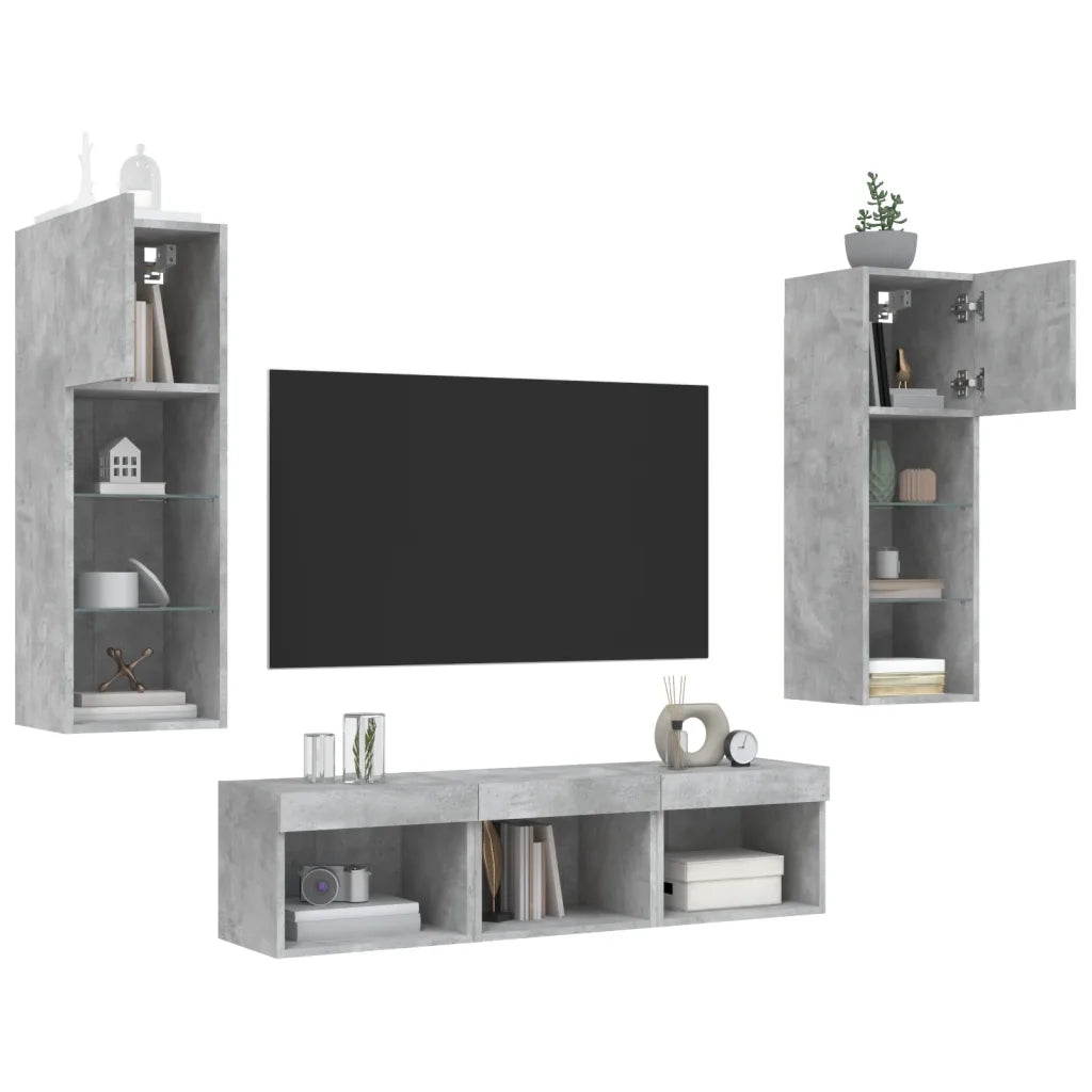 Mobili TV a Muro con LED 5pz Grigio Cemento Legno Multistrato 3216600