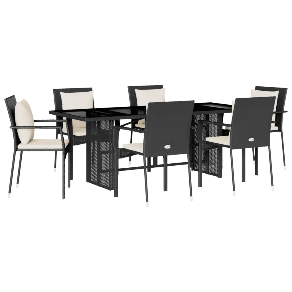 Set da Pranzo da Giardino 7 pz Nero con Cuscini in Polyrattan 3213490