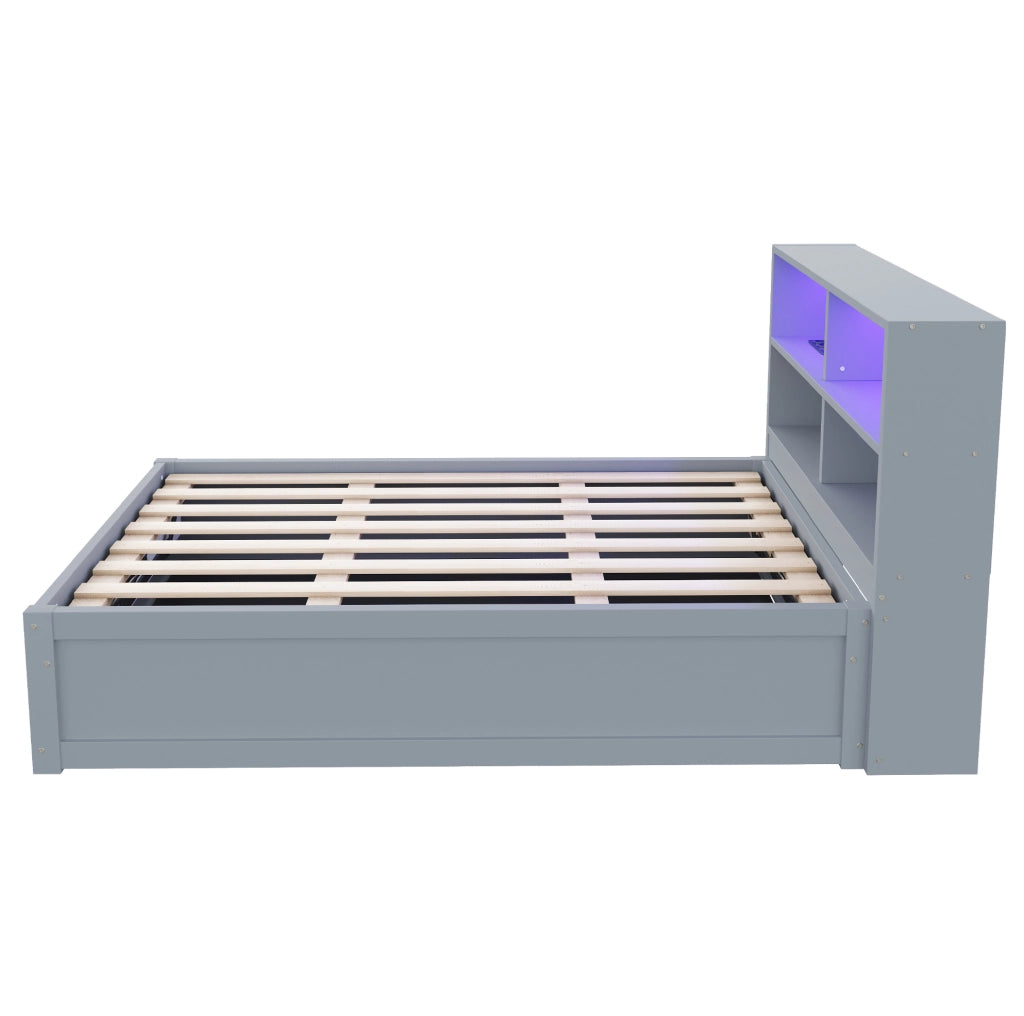 Letto singolo multifunzione 90x200 cm con presa integrata; LED e 4 vani portaoggetti; grigio