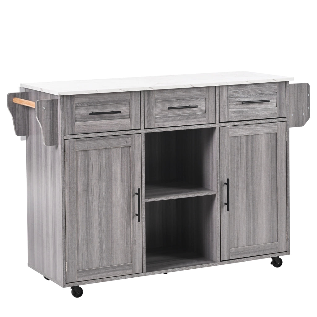Carrello da cucina multifunzionale con piano ribaltabile, 3 cassetti e vani interni, grigio 139x46(71)x91,5 cm