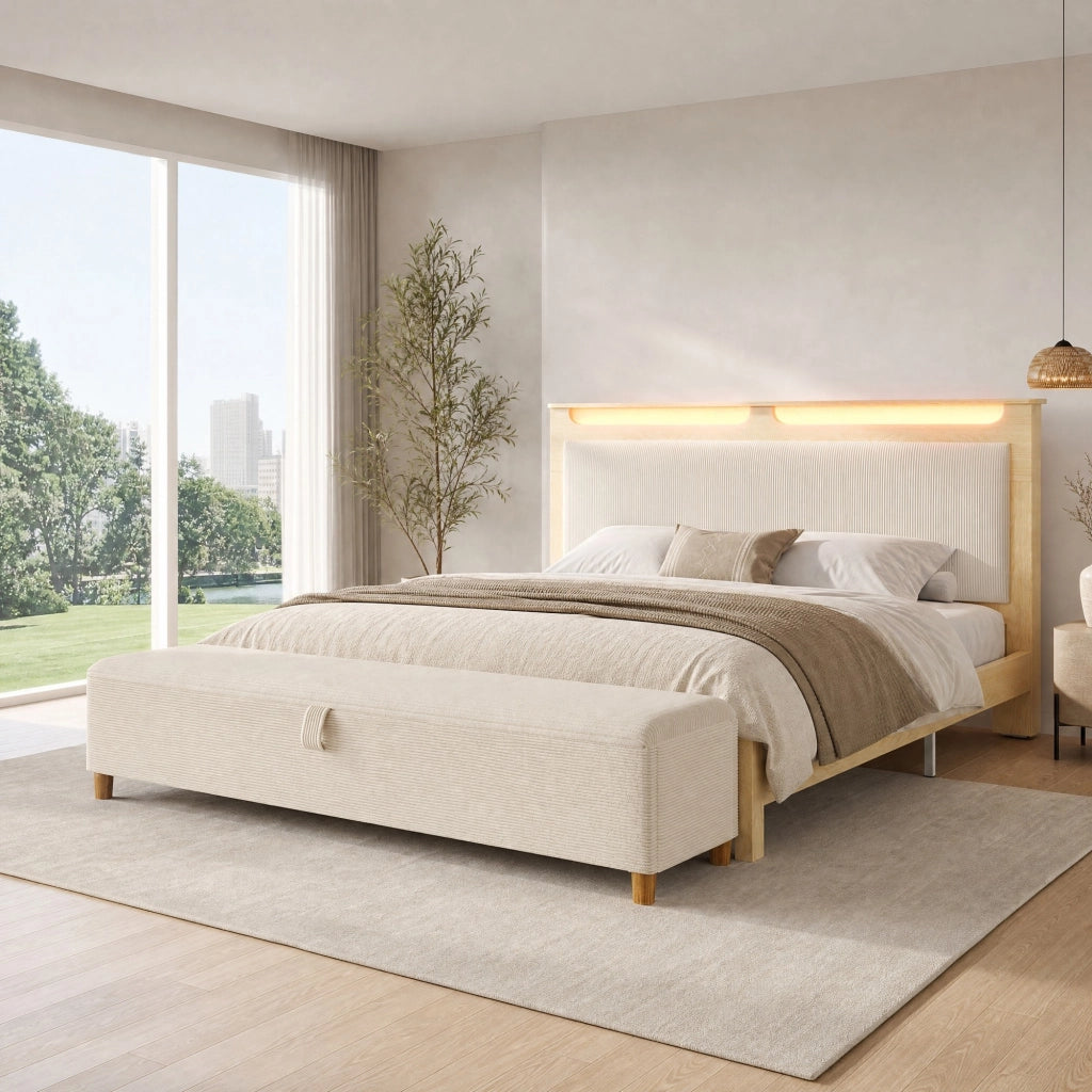 Letto matrimoniale 140x200 cm in legno effetto rovere chiaro con testiera LED e panca contenitore beige
