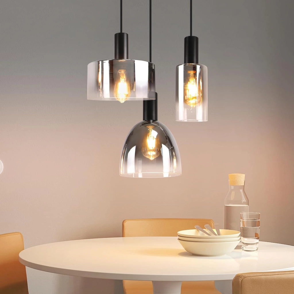 ZMH Lampada a Sospensione 3 Luci E27 Vintage Vetro Fum¨¦ Altezza Regolabile per Cucina Camera Senza Lampadina