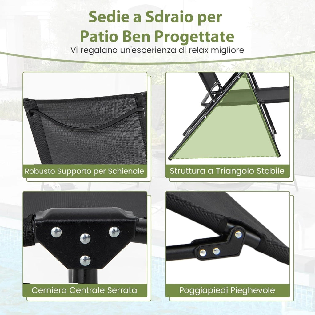 Set di 2 Lettini Prendisole da Giardino, Sdraio Pieghevoli con Schienale e Poggiapiedi Regolabili, in Tessuto Textilene con Braccioli, per Terrazza e Piscina, Portata 150 kg (Nero)