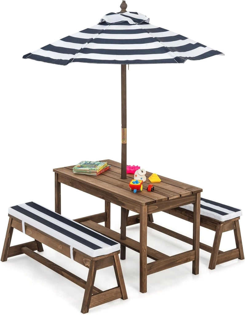 Set di Tavolo Picnic per Bambini con Ombrellone Regolabile, Panche per Bambini in Legno di Abete con Parasole e Cuscini Morbidi, Tavolo e Panchine Pranzo da Giardino e Parco (Marrone)