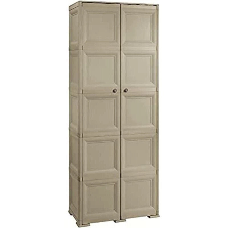 ARMADIO 2 ANTE TAUPE 79X43X203 CM CON 6 SCOMPARTI E VANO PORTASCOPA – MOBILE ALTO ORGANIZZAZIONE CASA PER INGRESSO E LAVANDERIA
