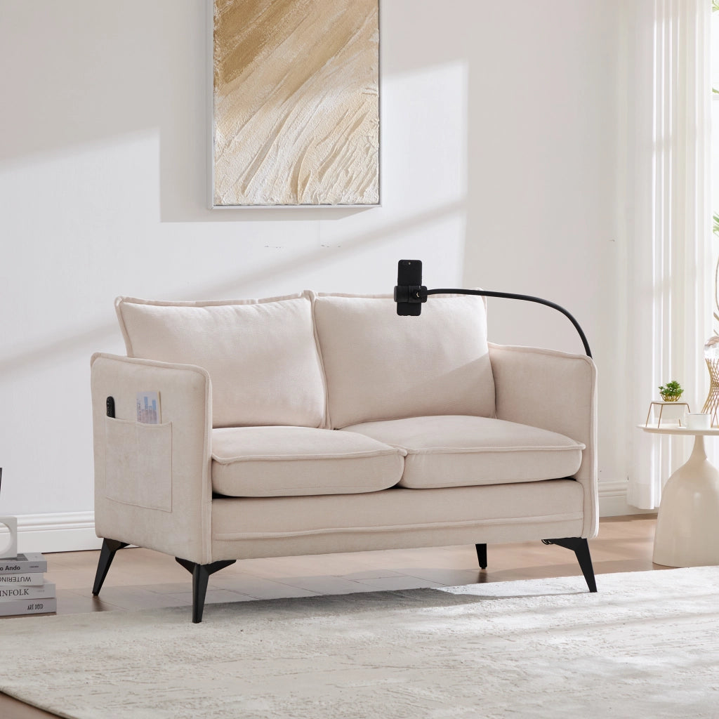 Divano 2 Posti con Tasche Laterali e Supporto per Telefono Regolabile in Ciniglia Beige 127 × 69 × 66 cm